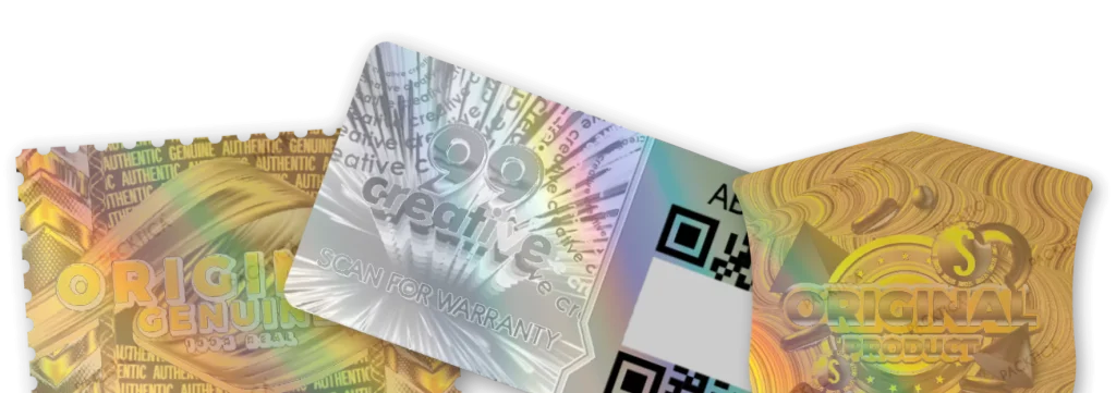Aesthetic vinyl hologram security seal stickers for product packaging.